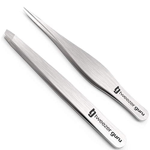 Tweezers Set - TweezerGuru Stainless Steel Slant Tip and Pointed Eyebrow Tweezer Set - Flawless Precision for Facial Hair, Ingrown Hair, Eyebrows, Splint, Blackhead and Tick Remover (Silver) - Thumbnail 7