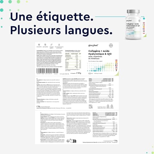 Collagene Marin + Acide Hyaluronique & Q10, Enrichi en Zinc, Magnésium, Vitamines B12, D3, A & C, 60 Capsules, Complexe Collagène Premium pour la Peau, les Cheveux & les Articulations*, Sans Additifs