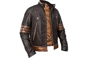 RABEEL TRADING X Men Wolverine Striped Leather Jacket for Wolverine Logan fans Brown