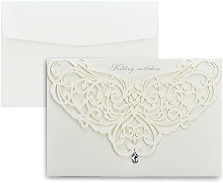 Weddingbob 5Pcs Laser Cut Wedding Invitations Cards Kit for Bridal Shower Dinner with Envelopes and Printable Paper White Heart-shaped Hollow-carved Lace with Waterdrop Rhinestone (5)