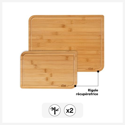 5five - Lot de 2 Planches à Découper en Bambou - 35x25 cm et 22x15 cm, Avec Rigole - Ustensile de Cuisine