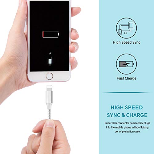 Phone Cable 5Pack 3FT 3FT 6FT 6FT 10FT to USB Syncing Data and Nylon Braided Cord Charger Charging Cable Compatible Phone XS MAX, XR, X, 8, 7, 7 Plus, 6, 6s, 6 Plus, 5, 5c, 5s, SE -Silvergray