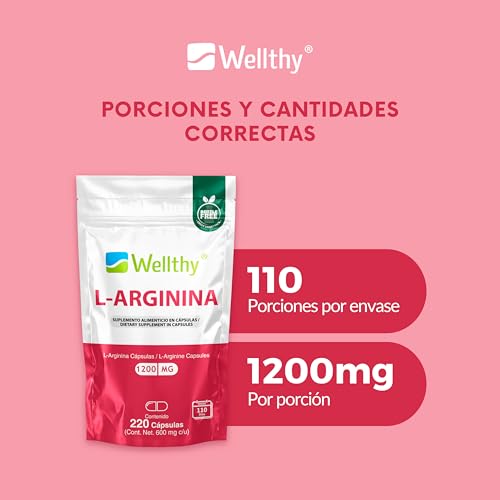 Wellthy L-Arginina 1200mg 220 Caps. 100% Pura y Natural, 110 Porciones por Envase, Alta Pureza con Certificaciones Internacionales, Bottle Free