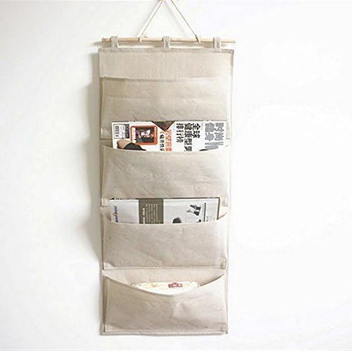 Fabric Wall Door Closet Hanging Storage Bag Case 4 Pocket Home Organizer 13.8"W x 31.5"H (4 Pockets - Beige white)