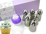 Russian Ball Piping Tips - Stainless Steel Sphere Nozzle Set for Decorating Cupcake Cake - 6 Ball Tips 10 Piping Bags & Tri-color Coupler