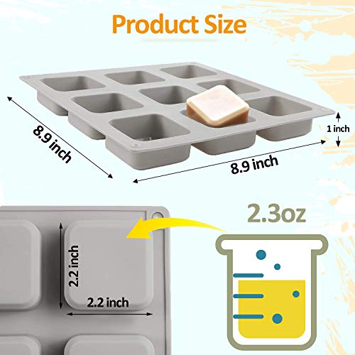 2 Pack Silicone Soap Molds, 9 Cavities Square Soap Mold, DIY Handmade Baking Mold, Cake Pan,for Soap, ice, Candle, Muffin, Loaf, Brownie, Cornbread Making