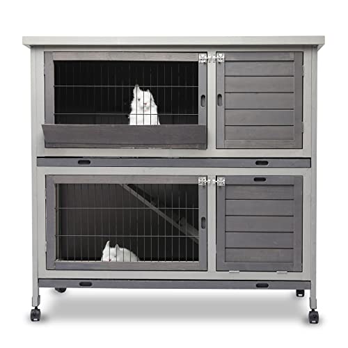 Rabbit Hutch Indoor&Outdoor with Wheels/Pull Out Plastic Trays/Ramp