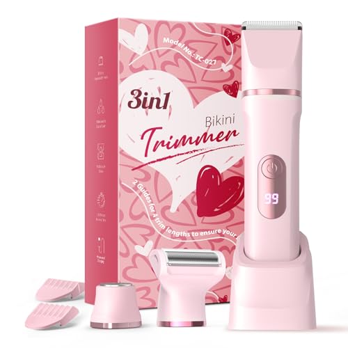 Bikini Trimmer for Women, 3-in-1 Lady Shaver with LED Display, Electric Razor for Women, Pubic Hair Trimmer, IPX7 Waterproof Wet & Dry, Ceramic Blade, USB Charging Dock, Pink