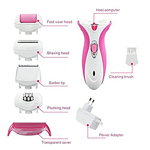 OWIKAR 4-in-1 Rechargeable Electric Epilator, Lady Shaver,Callus Remover Pumice Stone Rollers and Hair Clipper for Exfoliates Dead Skin and Safe Hair Removal for Women or Men (Pink - White)