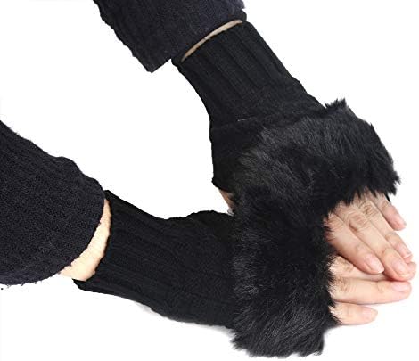 Famolt Women Girl Warm Winter Faux Rabbit Fur Wrist Fingerless Gloves Mittens