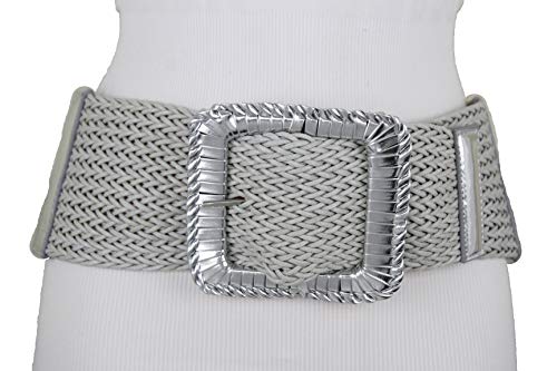 TFJ Women Fashion Elastic Wide Belt Hip Waist Metallic Silver Square Buckle M L XL