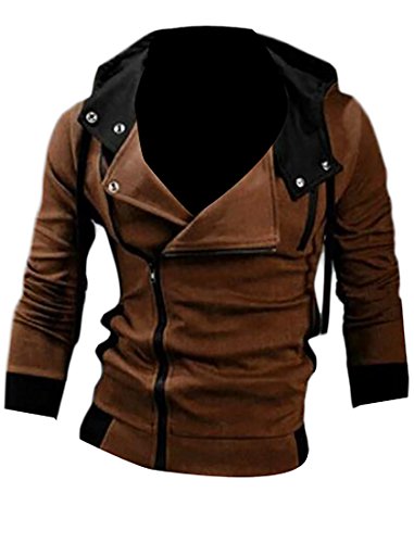 Jaycargogo Men's Oblique Zipper Hoodie Casual Top Coat Slim Fit Jacket Coffee M