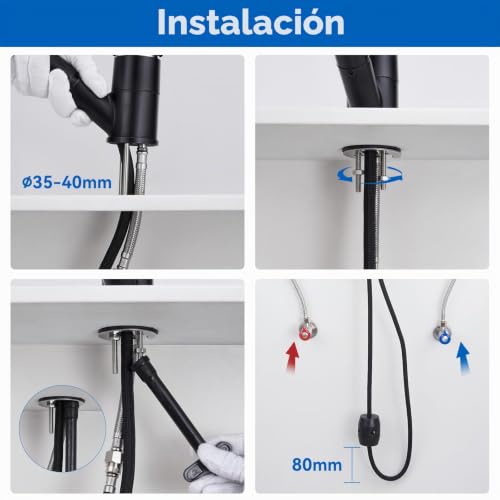 Auralum Kitchen Tap, Black, 360 Degree Rotation, Swivel Spout, Brass Single Lever Guarantee (Black Extendable Type E)