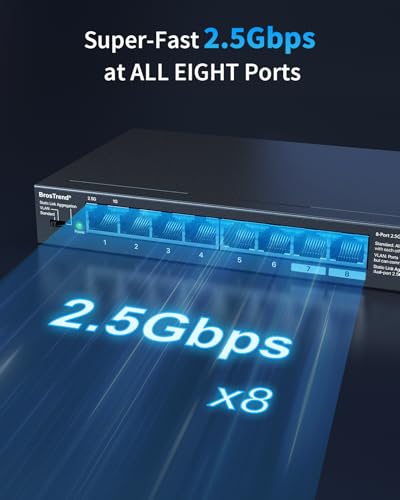 BrosTrend 2.5Gb Network Switch, 8-Port Unmanaged Ethernet Switch Supports Static Link Aggregation & VLAN Ideal for Gaming NAS PC, Ethernet Splitter, Fanless, Desktop / Wall-Mount, Lifetime Protection
