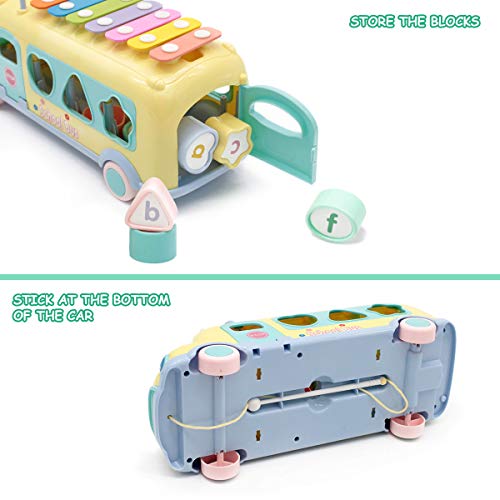 image for Lydaz Pull Along School Bus Toy, Xylophone Musical Toys with Shape Sor