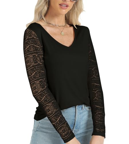 CAKULO 2024 WOMENS TOPS DRESSY CASUAL BUSINESS V NECK LACE LONG SLEEVE TRENDY WORK LAYERING RIBBED BLOUSES SHIRTS BLACK S