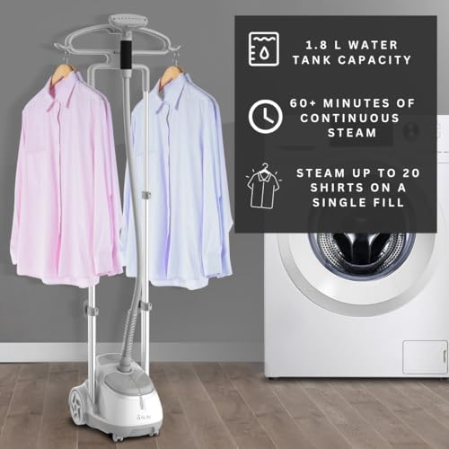 SALAV GS45-DJ Professional Upright Garment Steamer with Roll Wheels, Multi-Function Extra Wide Hanger, Fabric Brush & Mini Ironing Paddle, 1500 watts, Silver