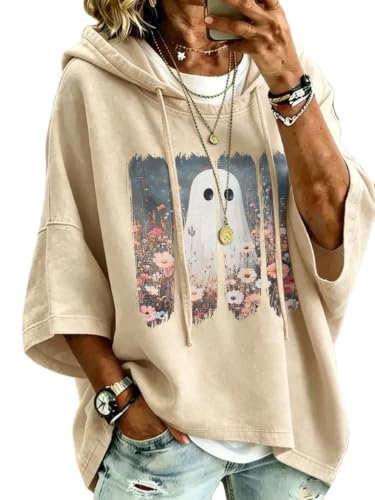 Qbily Women Fall Halloween Thanksgiving Hoodies 3/4 Sleeve Loose Pumpkin Ghost Witch Turkey Gobble Sweatshirt (Halloween-I,XL) at Amazon