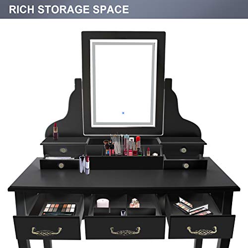 LED Vanity Table,7 Drawers Makeup Dressing Table with Cushioned Stool-Black