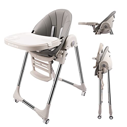 Ezebaby Baby High Chair for Toddlers Kids Feeding Height Convertible with Removable Tray, Portable Children Dining Reclining Foldable Highchairs with Wheels (Grey)