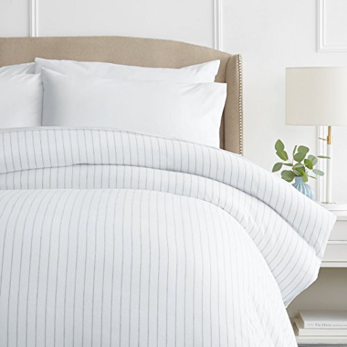 Pinzon 160 Gram Pinstripe Flannel Cotton Duvet Cover, Full / Queen, White Pinstripe