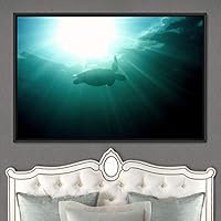 Framed Canvas Wall Art Sea Turtle Colorful Fish Group Marine Life Multicolor Nautical Photography Realism Ultra - 16x24 inches