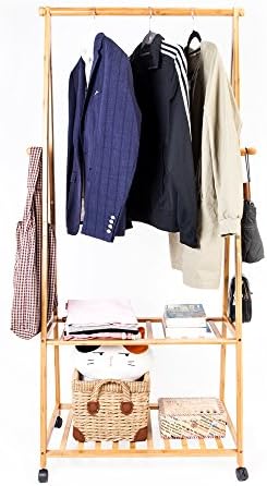 Crazyworld Bamboo Free Standing Clothes Rack on Wheels,Rolling Garment Rack with 2-Tier,4 Coat Hooks,Clothes Rail Hanger for Entryway