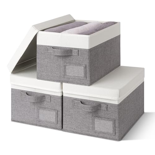 Photo 1 of GRANNY SAYS Storage Bins with Lids, Storage Box, Collapsibe Storage Bins, Clothes Organizers and Storage, Storage Bins for Shelves, Decorative Storage Boxes with Lids, 3-Pack, Gray&Ivory