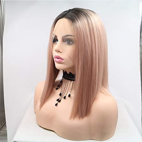 Xiweiya Rose Gold Wig Short Pink Synthetic 13x4 Lace Front Wigs Peach bob Hair Natural Hairline Middle Part Glueless Wig Heat Resistant Half Hand Tied for Women Drag Queen14Inch