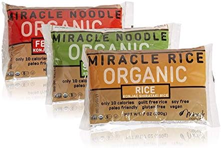 Miracle Noodle Organic Gluten Free Zero Carbs Shirataki Pasta and Rice Bundle of Three 7 Ounce Packages: One Each of Spaghetti, Rice and Fettucine