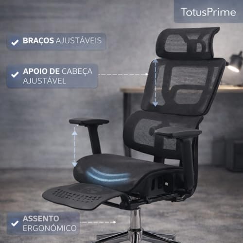 Cadeira Escritório Ergonômica Presidente XXL 200kg com Apoio para Pés Retrátil, Encosto Mesh Respirável, Apoio de Cabeça, Braços Ajustáveis, Reclinável e Base Cromada Premium Home Office (Preta)
