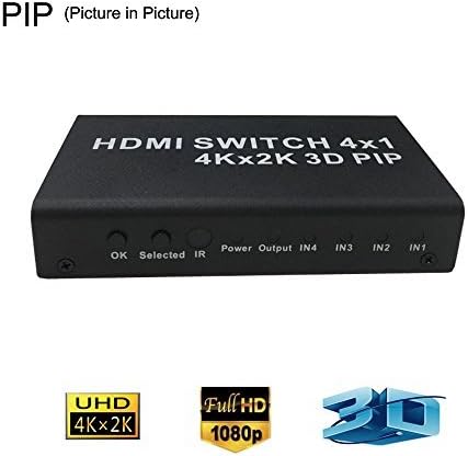 4K x 2K, 4 Port 4X1 HDMI Switch with PIP and IR Wireless Remote Control, High-Speed HDMI Switcher Hub, Supports Full HD 1080P/3D (Includes a 3D 4K High-Speed HDMI cable)