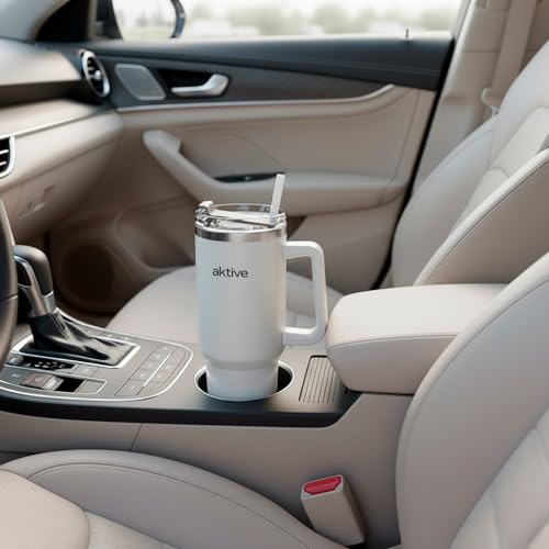 AKTIVE Insulated Stainless Steel Tumbler, 1.2L, White, Measures 15 x 10 x 27 cm, Leakproof Lid, Includes Straw, Ergonomic Handle, BPA Free, Non-Slip Base, Thermos Bottles (63152)