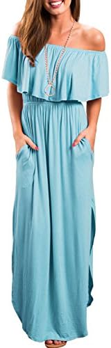 Women Long Maxi Dress Casual Party Off The Shoulder Ruffle Split Beach Pocket Dresses BK192 (M, Sky Blue)