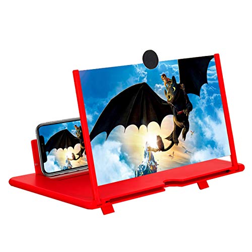 Screen Magnifier -12 Inches 3D HD Cell Phone Magnifying Projector Screen Accessories for Videos, Movies, and Games, Foldable Phone Stand with Screen Amplifier, Compatible with Any Smartphones (Red)