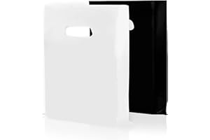 Houseables Plastic Merchandise Shopping Bags, Retail Bag, 16”x18”, 100 Pack, 1.75 Mil Thick, Black & White, Die Cut Handles, Craft Fair Supplies, Store, Glossy, For Sales, Product, Favor, Boutique