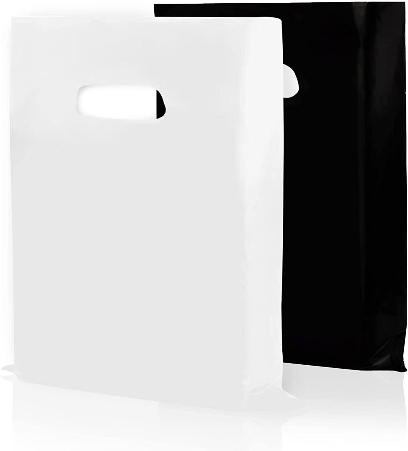 Photo 1 of Houseables Plastic Merchandise Shopping Bags, Retail Bag, 16”x18”, 100 Pack, 1.75 Mil Thick, Black & White, Die Cut Handles, Craft Fair Supplies, Store, Glossy, For Sales, Product, Favor, Boutique