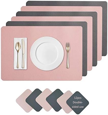JDkilp Placemats And Coaster Sets 6, Waterproof Non-Slip Place Mats Set Of 6 And Double Thickened Dining Table Mats, Washable Leather Coasters and Placemats for Dining Table (Pink dark gray)