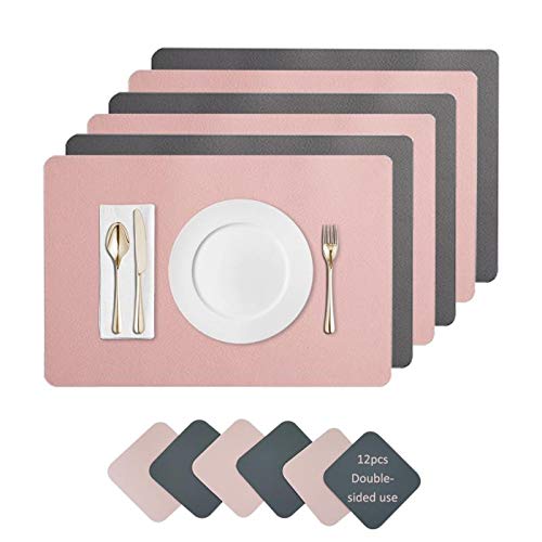 Placemats And Coaster Sets 6, Waterproof Non-Slip Place Mats Set Of 6 And Double Thickened Dining Table Mats, Washable Leather Coasters and Placemats for Dining Table (Pink dark gray)
