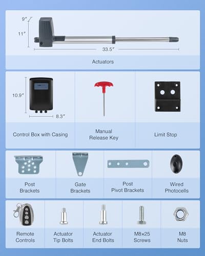 CO-Z Kit de apertura automática de puertas ADSW4 abrepuertas dobles batientes para puertas de hasta 590 kg y 6 m con kit de control remoto, sensores infrarrojos y compatible con carga solar