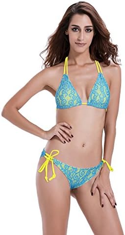 Reteron Women's Triangle Push up Lace Bikini Swimsuit (L(us8-10, Blue/Yellow)