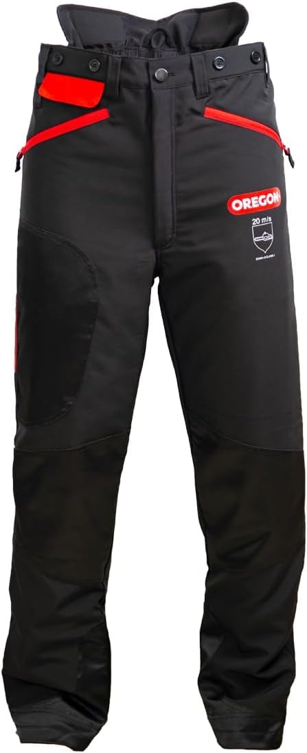 Oregon Waipoua Chainsaw Protective Safety Trousers,Type A Class 1 Chainsaw Protection, Adjustable Lightweight Breathable Re-enforced Clothing, Size XL/EU 54-56 - Black/Red (295466/XL)