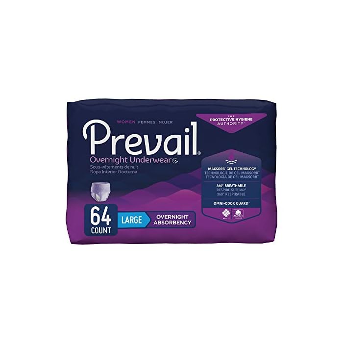 Prevail Incontinence Overnight Protective Underwear for Women, Overnight Absorbency, Large/X-Large, 64 Count