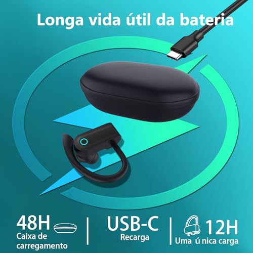 Fone de Ouvido com bateria de longa duração, Bluetooth Esportivo, Gancho de Orelha, com Microfone, Display Digital, Estojo de Carregamento, Preto