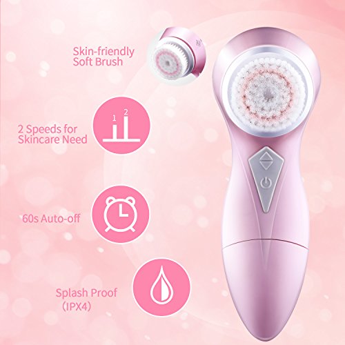 Valentine's Day Gift Electric Facial Brush Ultrasonic Vibration Face Cleansing Brush with 2 Brush Heads 60s Auto-off Makeup Remove Pore Cleanser, Pink. Hepburn.S