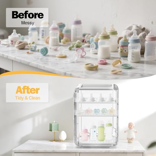 GOGOBAO Baby Bottle Organizer,Clear Baby Bottle Storage Organizer for Countertop and Cabinet,with Drying Rack and Hook,Space-Saving,Multifunctional Station Organizers Accessories