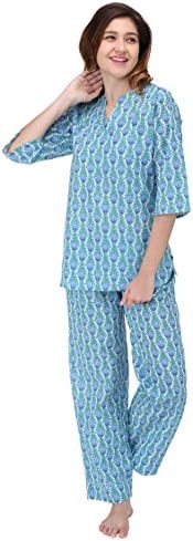 Frangipani Cotton Geomentric Blue and Green Tulip Print Pyjama Set