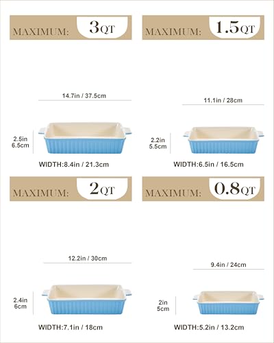 MALACASA Casserole Dishes for Oven, Porcelain Baking Dishes, Ceramic Bakeware Sets of 4, Rectangular Lasagna Pans Deep with Handles for Baking Cake Kitchen, Blue (9.4"/11.1"/12.2"/14.7"), Series