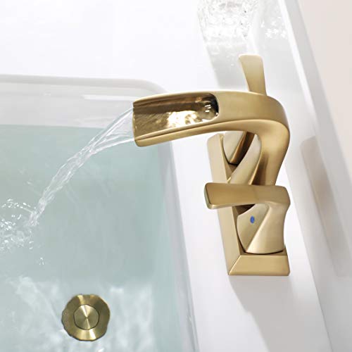 PARLOS 2 Handles Waterfall Bathroom Faucet with Pop-up Drain and Faucet Supply Lines, Brushed Gold, Doris 1406808