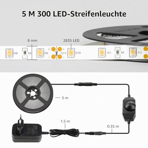 LE 5 m Dimmable LED Strip Set, Cool White, 12 V, Self-Adhesive LED Strip, Flexible LED Strip, LED Light Strip, Power Supply And Controller Included